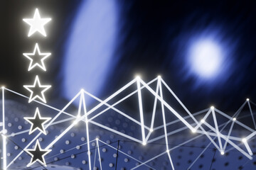 Abstract digital glowing rating stars with 5 points and lines a dark background. 3d rendering
