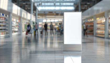 Fototapeta premium A white sign is in a store with people by AI generated image