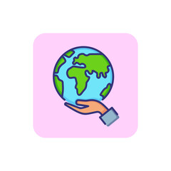 Care of planet line icon. Hand holding globe, ecology, peace. Recycling concept. Vector illustration can be used for topics like protection, ecosystem, travel