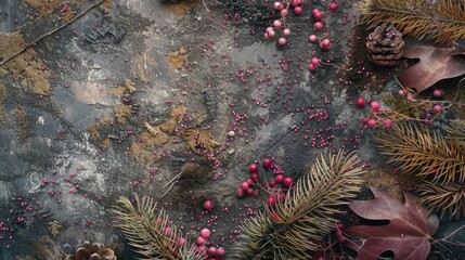 Botanical banner featuring a background of abstract art with dry pine needle leaves and pink berries on the ground suitable for wallpaper design decor print and interior design