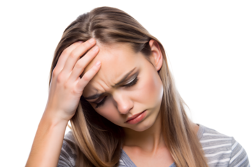 Young woman experiencing a headache, 
holding her forehead in discomfort isolated on white background