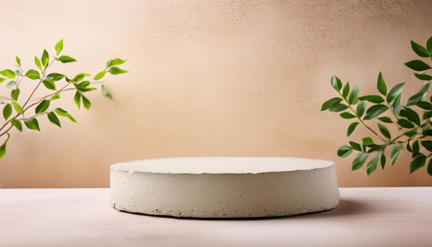 Concrete podium for product presentation with beige wall. Empty surface of showcase platform.