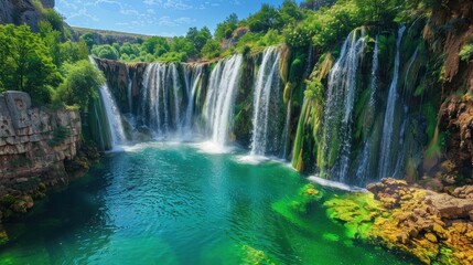 Naklejka premium A breathtaking waterfall cascading down rugged cliffs into a crystal-clear pool below. 