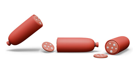 Whole and sliced salami. Appetizing red sausage on white background
