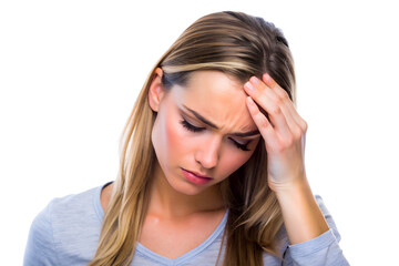 Fototapeta premium Young woman experiencing a headache, holding her forehead in discomfort isolated on white background
