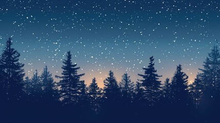 Naklejka premium Trees in a pine forest silhouetted against the starry winter sky