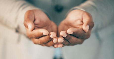 Hands, charity and palms of person for support, giving and hope for growth. Man, donation and hand gesture for kindness with help, community and gratitude or cupping for thank you, aid and poverty