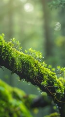 Fototapeta premium Moss-covered branch in a forest with morning dew, macro shot. Nature and tranquility concept