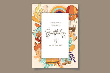 colorful birthday celebration invitation card with air balloons, cartoon animals and rainbows with a boho feel