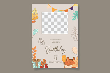 colorful birthday celebration invitation card with air balloons, cartoon animals and rainbows with a boho feel