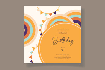 colorful birthday celebration invitation card with air balloons, cartoon animals and rainbows with a boho feel