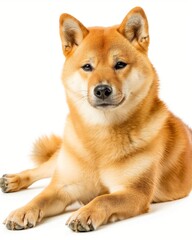 An adorable Shiba Inu dog with a tan and white coat sitting against an isolated white background, looking to the side