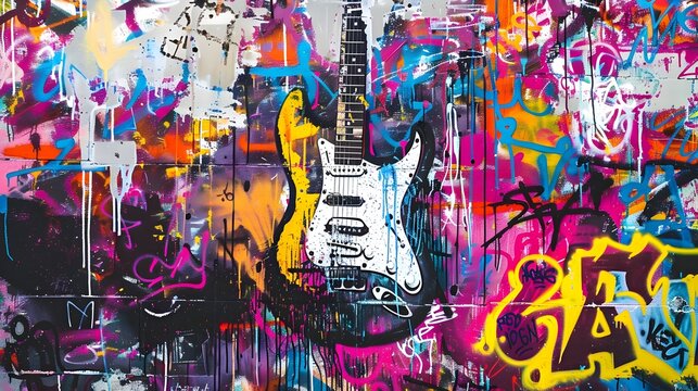 Vibrant Graffiti Inspired Pop Art Wall Featuring a Rock n Roll Guitar