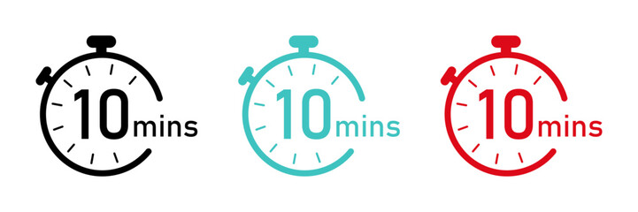 10-minute timer, clock, stopwatch vector icon set in color isolated on white background. Countdown sign. business concept. 10 min timer clock vector illustration. Flat style.