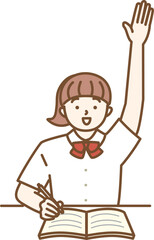 夏服の女子学生が手を挙げる勉強シーン イラスト