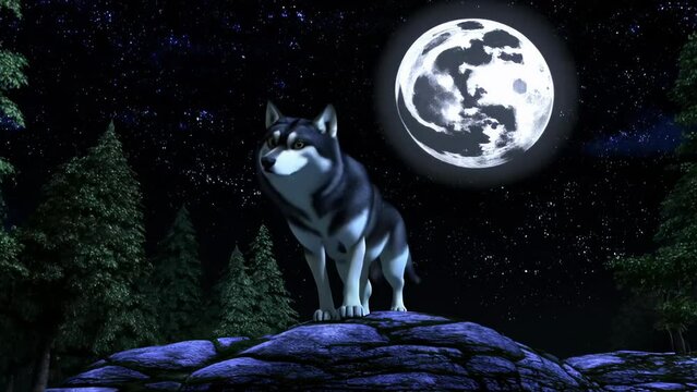 An animated wolf stands on top of a cliff under a full moon against the backdrop of the night sky, surrounded by stars and dark trees.
