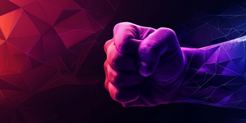 Clenched fist with purple lighting background highlighting aggression and strength, fight and aggression concept