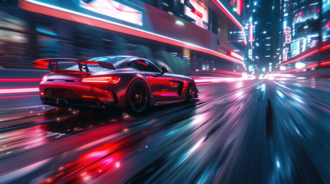 Dynamic red sports car zooming through neon city