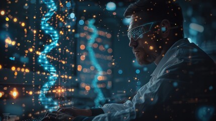A man is typing on a computer screen with a glowing DNA strand in the background