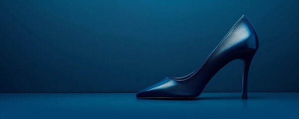 Stylish high heeled shoe on a deep blue background sleek and fashionable ample copy space surrounding the subject
