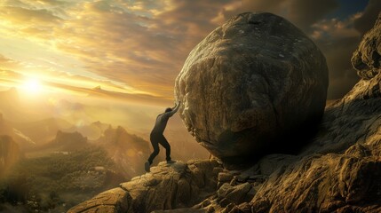 Sisyphus myth reenactment  man pushing giant boulder uphill in detailed realistic photo