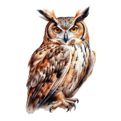 Naklejka premium horned owl watercolor isolated on transparent background cutout