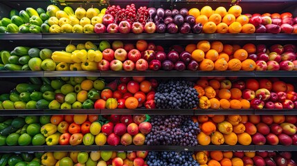 Fresh fruits vegetables shelf. Generative AI