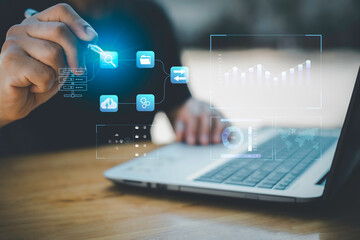 Corporate strategy for finance, operations, sales, marketing.Analyst working with Business Analytics and Data Management System on computer, make a report with KPI and metrics connected to database.