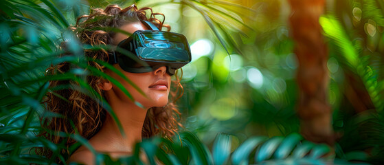 Woman wearing virtual reality headset in a tropical forest setting. Ideal for technology, travel, or adventure-themed promotions. Great for marketing materials or social media posts.