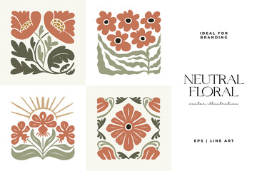 Floral abstract elements. Botanical composition. Modern trendy Matisse minimal style. Floral poster, invite. Vector arrangements for greeting card or invitation design