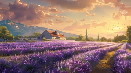 Naklejka premium Beautiful lavender field with a nice sunset in the background.