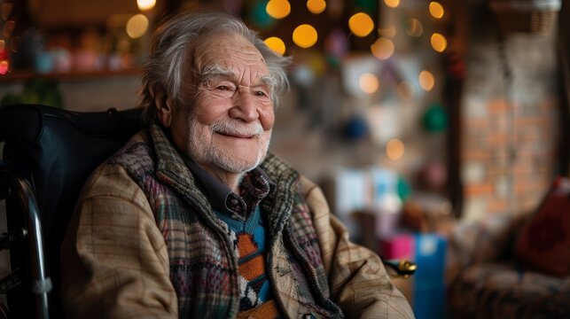 A smiling senior man with a white beard sits in a wheelchair, looking to the side with a warm, gentle expression. - Powered by Adobe