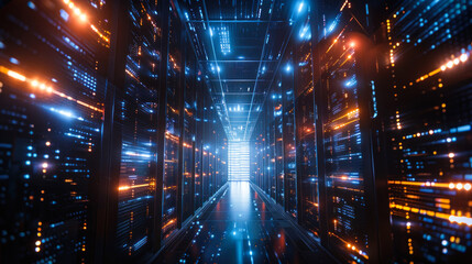 Obraz premium Blue-lit network server room evening