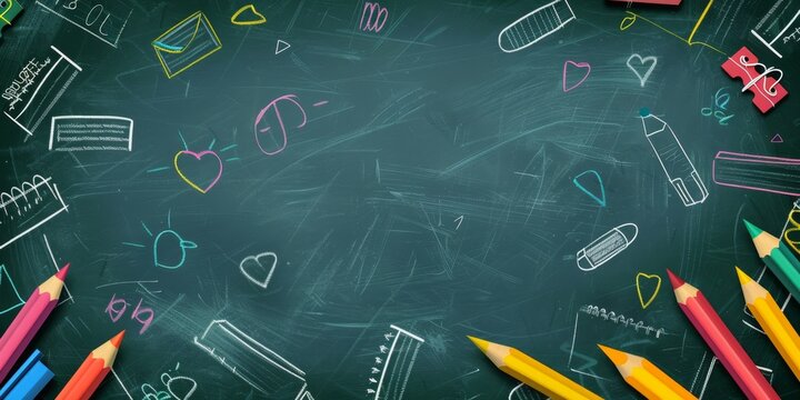 Back to School Cute Illustration Background with Blackboard and Copy Space. Perfect for School Season, Learning, Teacher's Day, Children's Day, Back to School, and Graduation Season. High-Resolution A