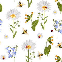 Excellent seamless pattern with primula, daisies, campanula and insects illustration.