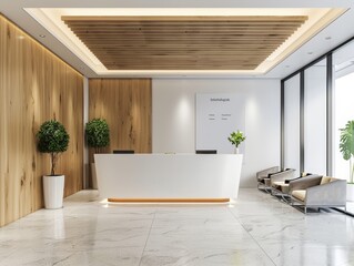 A contemporary reception area with a minimalist design, a friendly receptionist greeting clients, and a waiting area with stylish seating and a digital information board