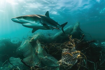 Shark swimming past discarded nets in the ocean close up, focus on, copy space vibrant underwater hues Double exposure silhouette with shark