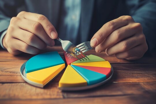 Businessmans hands with fork picking pie chart parts. Financials, market concepts