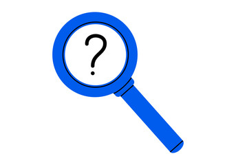 Hand drawn cute cartoon illustration magnifying glass with question mark. Flat vector optical tool sticker in doodle. Discover or explore icon. Searching for answer. Solution for problem. Isolated.