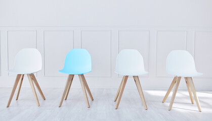 Chairs, interview and empty office with wall for recruitment, onboarding or opportunity for talent...