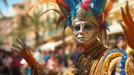 Obraz premium A vibrant performer in an ornate costume at a street carnival parade.