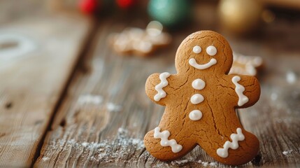 Festive gingerbread man cookie on wooden table Christmas holiday theme with space for text