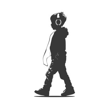 recommend clip art: silhouette little boy walking listening to headset black color only