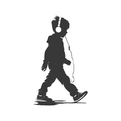 silhouette little boy walking listening to headset black color only