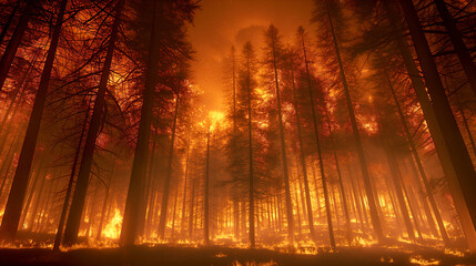 Obraz premium Forest fire, tall trees burning in flames in silhouette.