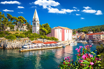 Town of Veli Losinj scenic church and harbour view, Island of Losinj