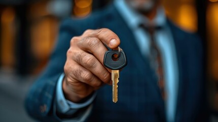 A close-up image of a person holding a key in front of them, focusing on the key and hand with a blurred background. 