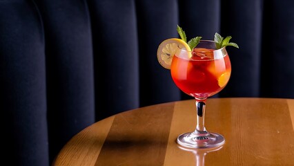 A glass of punch juice in the small glass with a slice of lemon and mint on black background above wooden table selective focus
