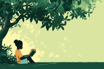 African child reads book under tree shade. Illustration of young reader in peaceful natural setting. Kid enjoys learning, relaxes in cool environment.