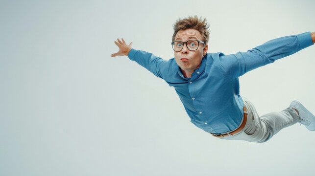 A man in glasses and a blue shirt poses as if flying through the air against a light blue background.
